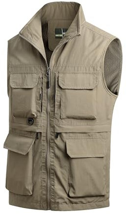 MeiLayM Herren Outdoor Weste Anglerweste mit Vielen Taschen Schnelltrocknende Sport Weste Atmungsaktiv Freizeitweste Leicht Multifunktionsweste Jagd Fotografie Ärmellos Jacke Khaki,XXL