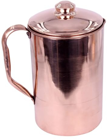 THE Unltd India Pichet en cuivre pur fabriqué à la main pour l'eau potable avec couvercle, poignée rivetée authentique et solide, pichet en cuivre pour les bienfaits de la santé ayurvédique, peut