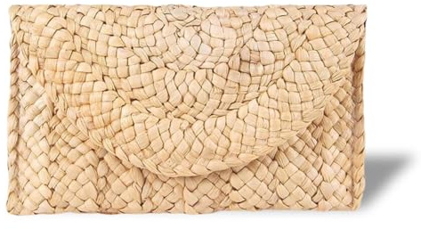 LQTSLFM Clutch Stroh Damen, Boho Handtasche aus Stroh, Strandtaschen Damen Sommer, Freizeit Clutch aus Stroh für Urlaub Reise Party Hochzeit (Beige)