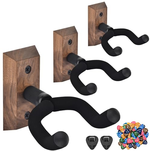 MOREYES Guitar Wall Mount 3 Pack with Guitar Picks, Black Walnut Wood Guitar Hanger, Rotatable U-Shaped Guitar Wall Hanger, Guitar Hook for Acoustic Guitar, Electric Guitar, Bass, Black