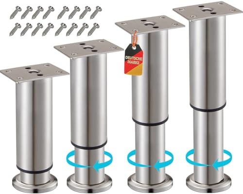 Stahlia Möbelfüße verstellbar Tischbeine Metall Edelstahl Optik 120-190mm (4er Set) Ø38mm Bettfüße Füße für Möbel Sofa Füße Möbelerhöhung Schrankfüsse Möbelbeine
