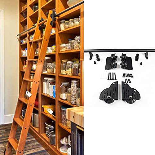 Sliding Barn Door Kit with Floor Roller Wheels - Mobile Ladder Hanging Rail Full Set Hardware for Library, Loft, Home, Indoor, Bookstore