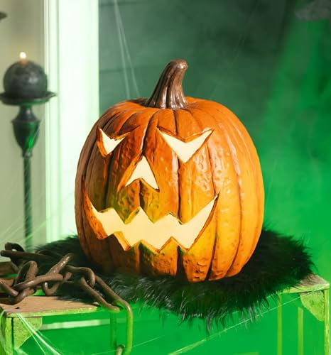 Dekoleidenschaft LED Kürbis Spooky aus Polyresin, orange, 33 cm hoch, Herbstdeko, Halloweendeko, Leuchtkürbis, Leuchtdeko, Halloween Deko, Kürbisdeko