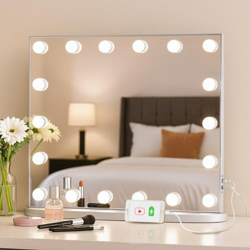 LUXFURNI Hollywood‑Schminkspiegel mit LED‑Licht, 60 × 52 cm | 18 LED‑Leuchten,360° schattenfreie Beleuchtung,3 Lichtmodi,USB‑Laden,Tisch‑& Wandmontage für Schlaf‑& Schreibtische