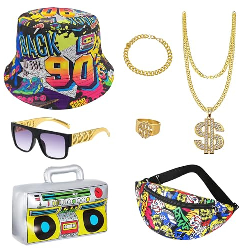 Xerteam 80er 90er Kostüm Herren Damen, 7-teiliges Hip Hop 90er Accessoires, Fischerhut, Gürteltasche, gefälschte Goldkette, Ringbrille, aufblasbare Boombox, 90er Kostüm für Rave, Karneval, Halloween