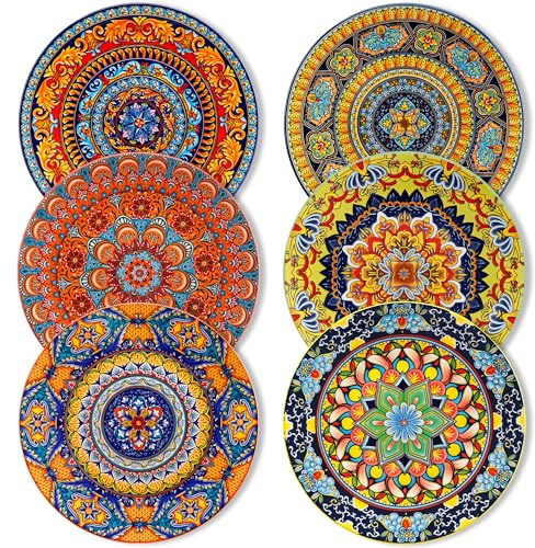 vancasso Colorful Dinner Plates Set of 6, 10.5 Inch Ceramic Kitchen Plates for Dinner, Bohemian Printed Dishes for Dining, Microwave & Dishwasher Safe Plate Set, Series KRVI