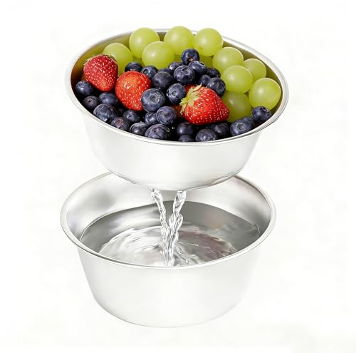 Hynorian Beerenkorb Edelstahl 2er Set, Beerensieb mit Abtropfschale | Beeren Waschschüssel mit feinen Löchern zum Waschen und Abtropfen von Trauben, Erdbeeren und Blaubeeren für Küche und Garten