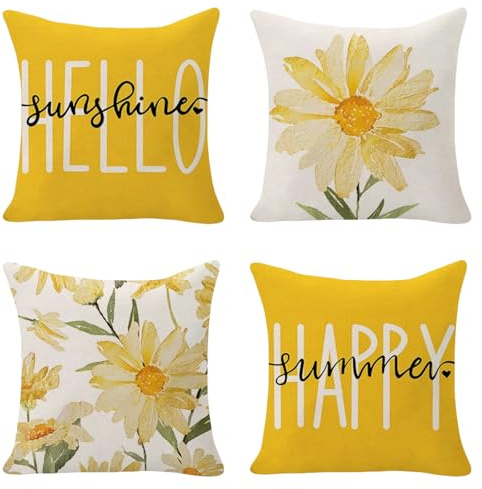 4er Set Kissenbezug 40×40cm - Mode Gänseblümchen Sonnenblumen Kissenbezüge Sommer Hello Sunshine Dekorative Baumwolle Kissenhülle für Couch Sofa Wohnzimmer Heimdekoration Schlafzimmer(Gelb)
