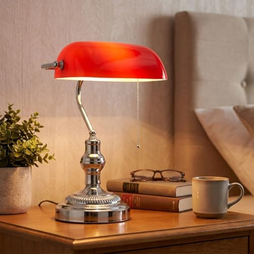 BARCELONA LED Bankerlampe Tischlampe Vintage E27 Glas Lampenschirm Rot Verchromter Sockel Schwenkbar Klassische Schreibtischlampe Industrial Retro Skandinavisch Büro Bibliothek Deko