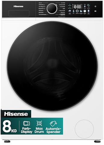 Hisense WF3I8043BWFAQ Waschmaschine mit Dampffunktion, 8 kg, 1400 U/Min, 18 Programme, iFit™, Automix-Spender, Max Drum, Schnellwaschgang,Eco Refresh, Smart Assist, Smart Link, EEK: A, Weiß