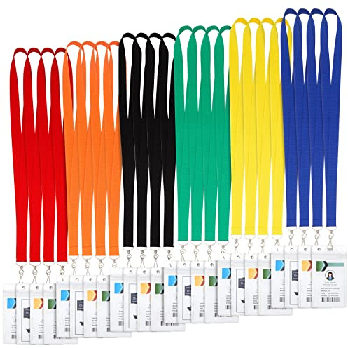 Juvale Lanyards for ID Badges - 6 Assorted Colors, 36 Inches, 24 Count - Polyester with Clear Badge Holder & Secure Clasp for School Supplies, Name Tags & Hall Passes