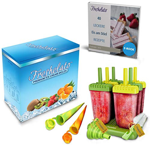 Freshelato - Molde para Polos de Hielo/Helados Caseros Combo + 2 x Moldes para Hielos de Silicona + Embudo + Cepillo (Amarella-Verde)