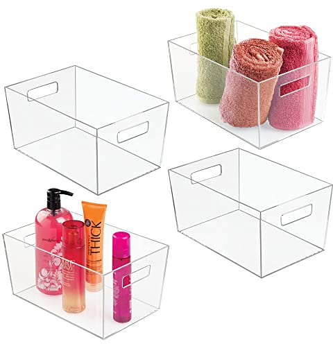 mDesign 4er-Set Ablagebox mit integrierten Griffen – große Aufbewahrungsbox für Make-up, Handtücher, Seifen und Shampoo – ideal zur Kosmetikaufbewahrung im Bad – durchsichtig