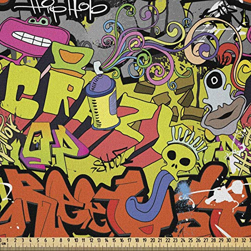 ABAKUHAUS Graffiti Stoff als Meterware, Hip Hop Kultur Gestaltung, Microfaser Stoff für Dekoratives Basteln, 1M (148x100cm), Orange Gelb Grau