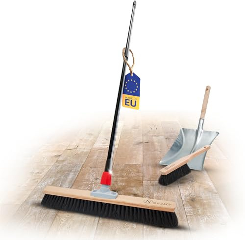 Novaliv Saalbesen Rosshaar Set 60 cm I Besen und Kehrblech Handfeger Teleskopstiel I Rosshaar schwarz I mit Stiel ausziehbar I Allzweckbesen Hausbesen Innenbereich