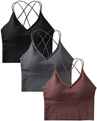 heekpek Reggiseno Sportivo Donna Sport Push Up Bustier Elasticità Spaghetti Reggiseno Top con Spallacci Imbottiti e Incrociati Bralette Lift Yoga Bra per Ginnastica Corsa Jogging (Nero+Grigio+caffè)