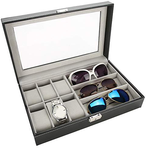 Ausla Brillen- und Uhrenbox aus PU-Leder mit Transparenter Abdeckung – 6+3 Fächer zur Aufbewahrung und Organisation von Sonnenbrillen und Uhren, 33 x 20 x 8 cm