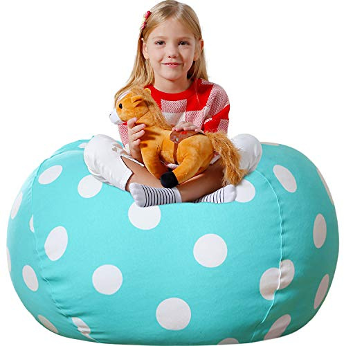 Aubliss Stuffed Animal Bean Bag Storage Chair, Beanbag Covers Only for Organizing Plush Toys, Turns into Bean Bag Seat for Kids When Filled, Medium 32-Canvas Dot Light Aqua