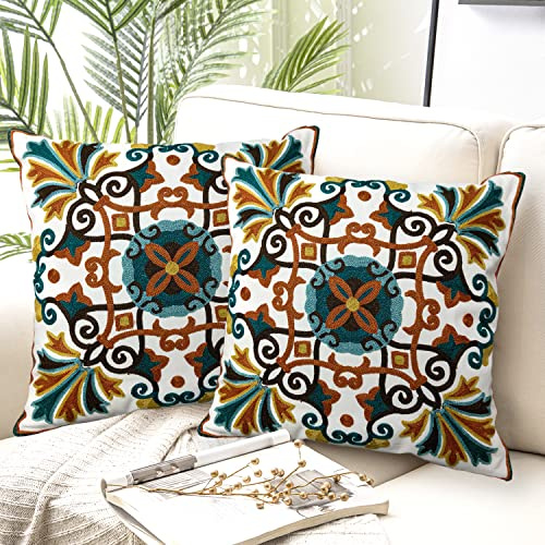 Alysheer Floral Embroidered Fall Decorative Throw Pillow Cover 18x 18 Set of 2, Boho Farmhouse Embroidery Patterned Orange Teal Cushion Case for Sofa Couch Living Room Bedroom Outdoor