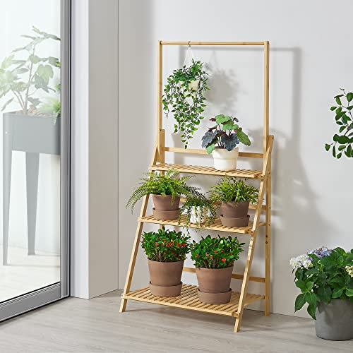 [en.casa] Escalera para Plantas de 3 Niveles Estantería Escalera para Flores Estante de Almacenamiento para Zapatos Versátil Bambú 144 x 70 x 40 cm Natural
