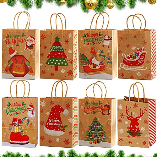 16 Stück Geschenktüten Weihnachten, Papiertiuten Weihnachten Klein,Geschenktüten Papier mit Weihnachtsdrucken und Griffen zum zum Verpacken von Weihnachtsgeschenken-21x15 x8 cm (A)