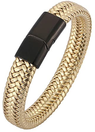 Ayoiow Herren Armband, Herren Armbänder Edelstahl Männer Armband Leder Gold Geflochten Armband mit Schwarz Schnalle
