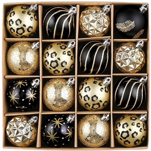 Valery Madelyn Weihnachtskugeln, 16 Stücke 6cm Christbaumkugeln Kunststoff Weihnachtskugel Weihnachtsdeko mit Aufhänger Geschenkpaket Weihnachtsbaumschmuck Schwarz Gold Thema