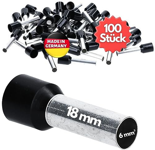 Kalitec 100x AE618SW Isolerade Trådändhylsor - 6,0 mm² x 18 mm - Svart | UL-certifierad ändhylsa i förtent koppar för AWG 10 kabel, kompatibel med klämkontakter och fördelare, 100-pack