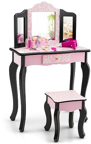 GOPLUS Schminktisch Kinder, Prinzessinnen-Frisiertisch mit Spiegel, Abnehmbarer Platte, Kinder Schminktisch mit Schublade & Hocker, Kosmetiktisch Mädchen (Rosa Leopard)