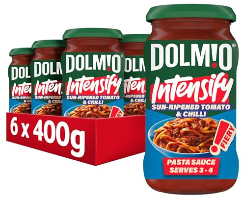 Dolmio Intensify Pasta Sauce Fiery Sun Ripened Tomato & Chilli Jar, perfect for a quick pasta meal for 3-4, Bulk Multipack 6 x 400g | Pasta sauce infused with Fiery Sun Rpiened Tomato and Chilli, packed full of flavour. Ideal for busy evenings, serves 3-4