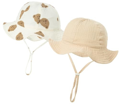 Happy Cherry - Sombrero Verano Bebé Niño Niña Gorro de Pescador con ala Ancho para Playa Vacaciones al Aire Libre Infantil Gorra con Cordón Ajustable Bucket Hat Protección de Sol - 3-12 Meses