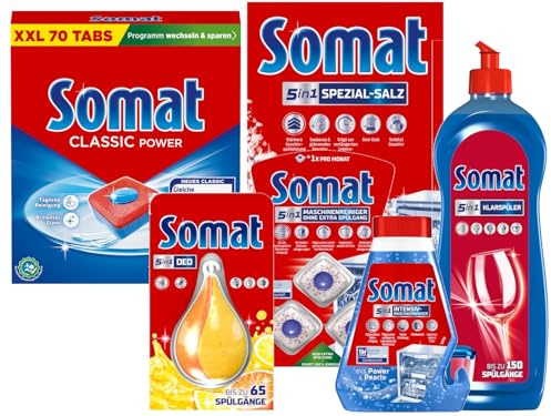 SOMAT Tabs 70 AW Classic Power, Geschirrspül Tabs mit Fettlösekraft für kraftvolle Reinigung + Klarspüler + Intensiv-Maschinenreiniger + Spezial-Salz + Deo Perls + Maschinenreiniger