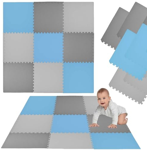 Humbi - Alfombra para rompecabezas de espuma Eva para bebés y niños, alfombra de fitness, alfombra de protección, alfombra de piscina, protección del suelo, 60 x 60 x 1 cm, 9 piezas, azul, gris, gris