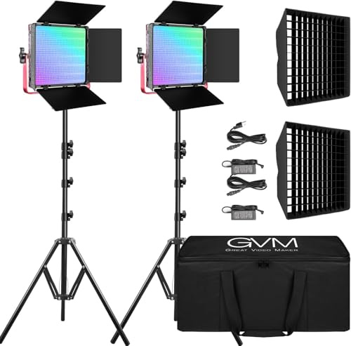 GVM Lot de 2 panneaux lumineux LED RVB 1200D 50 W avec boîte à lumière, kit d'éclairage de photographie pour studio avec contrôle Bluetooth application, 3200-5600 K, coque en alliage d'aluminium, IRC