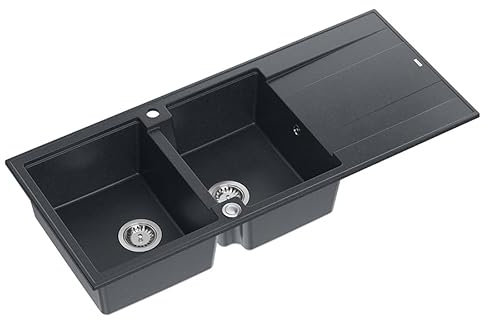 QUADRON fregadero doble cubeta negro, EVAN 121 GraniteQ, fregadero de granito de 2 cubetas en 1160x500x210 mm, Push 2 Open fregadero con sifón con escurridor, superficie de acero