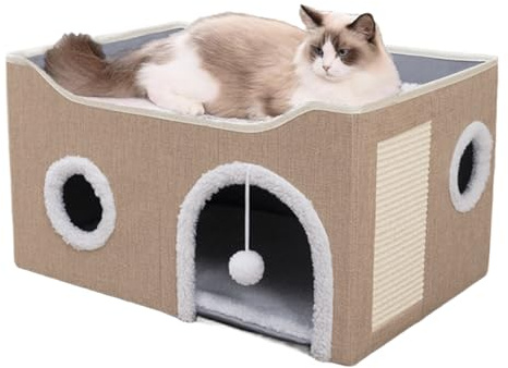 ERNAN Cat Beds,Cat Bed for Indoor Cats, Foldable Cat House,Large Soft Cave Bed with Scratching Board for Small Medium Pets (kaki, M)