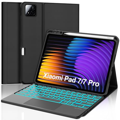 Teclado con Trackpad para Xiaomi Pad 7/7 Pro 11.2, Teclado Bluetooth Desmontable con Retroiluminación de 7 Colores y Funda Protectora para Tablet Xiaomi Pad 7/7 Pro 2025 11.2 Pulgadas, Negro