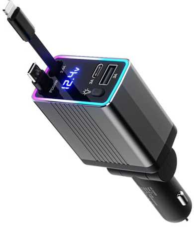 4-in-1 Einziehbares Auto Ladegerät,120W Auto ladegerät Kfz Zubehör,12V/24V USB zigarettenanzünder Adapter mit iPhone und Typ-C Kabel,Ultraschnelles Autoladegerät Kompatibel mit iPhone/Huawei (grau)