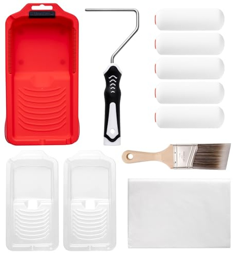 Mister Rui 11-Piece Foam Paint Roller Kit, 4-Inch Roller with Ergonomic Handle, Magnetic Paint Tray & Liners, High-Density Foam Covers with Brush, Painting Supplies for Walls, Cabinets, and Trim