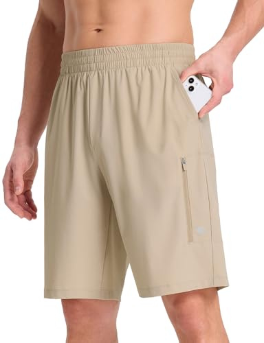BALEAF löparshorts för män, gym, träning, vandringsshorts, snabbtorkande, med blixtlåsficka, lätt, Khaki, S