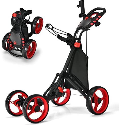COSTWAY Golfvagn, fyra hjul, hopfällbar, aluminium, paraplyhållare, teehållare och förvaringsväska (röd)