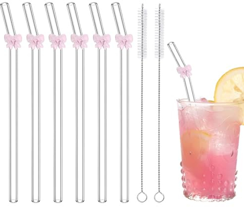 6 cannucce in vetro infrangibili con grazioso fiocco rosa, riutilizzabili, lavabili in lavastoviglie con 2 spazzole per la pulizia, per amanti del rosa, succhi di frutta, spiaggia estiva, festa di