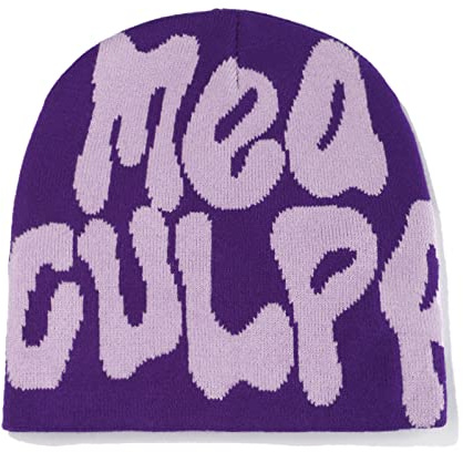 Watreketal MEA Culpa Beanie-Mütze, Buchstabendruck, MEA Y2K Beanies, Totenkopfmütze, Strickmütze für Damen und Herren, Strickmütze für Unisex, Violett, violett, 3