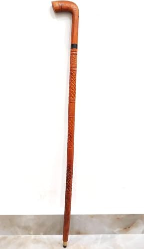 Handgefertigter Gehstock aus Holz, orangefarbenes Hartholz mit geschnitztem Muster, traditionelles Design