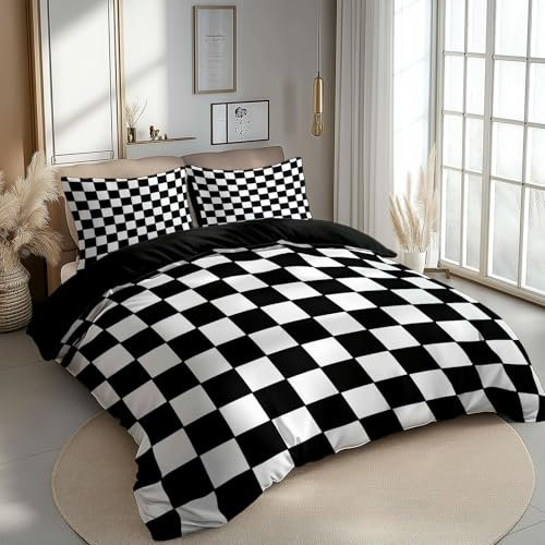Reversible Bedding Set Duvet Cover Set Cot-bed for Kids Toddler- Formula Racing Checkered Flag Printed Quilted Comforter Cover with 1 Pillowcases, Black, Microfiber, Zipper Closure, 2 Pieces