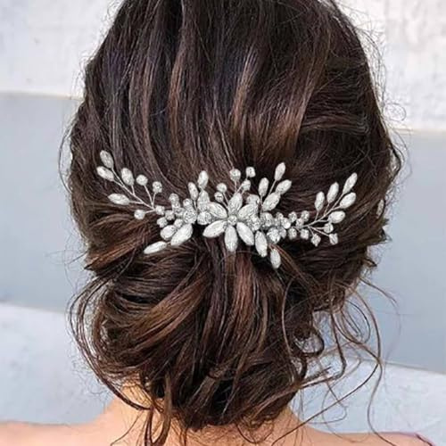 Evlry Braut Hochzeit Haarkamm Silber Kristall Kopfschmuck Strass Blume Hochzeit Haarschmuck für Damen und Mädchen