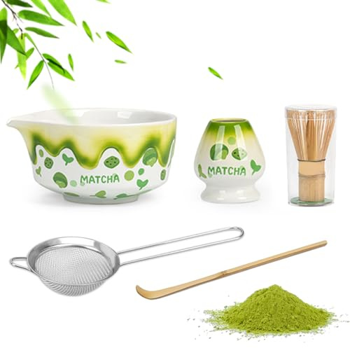 Matcha Kit 5 Pezzi, Elegante Matcha Set Verde, macha tea kit per Amanti del Matcha, Matcha Set con Supporto per Spazzole, Setaccio, Cucchiaio e Ciotola