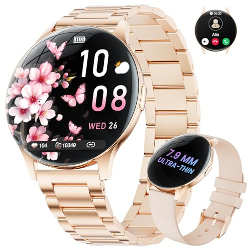 LIGE Smartwatch Damen Rund, 1.43 AMOLED Ultradünn Smart Watch mit Telefonfunktion, 100+ Sportmodi/Menstruationszyklus/Schlaf/IP68 Wasserdicht Fitness Tracker für iOS Android, Roségold Steel
