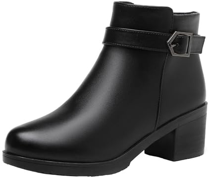 Botines para mujer, puntiagudos, sin cordones, con hebilla, tacón en bloque, botas de entretiempo, color marrón, botas de entretiempo, tacón de bloque, botas de media altura, Negro , 34 EU