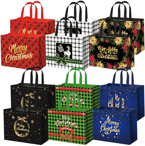 DECHISY12 Stück Geschenktüten Weihnachten Groß, Non Woven Weihnachtstüten mit Griffen, Große Weihnachtstüten XXL, Wiederverwendbare, Perfekt für Weihnachts und Neujahrsdekorationen, 42 x 32.5 x 18 cm